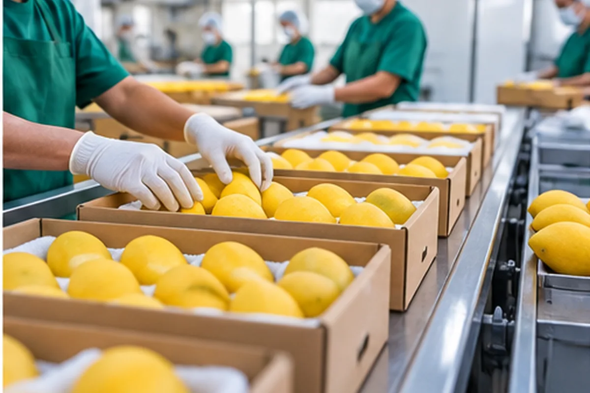Fresh mangoes being sorted and graded by packhouse staff