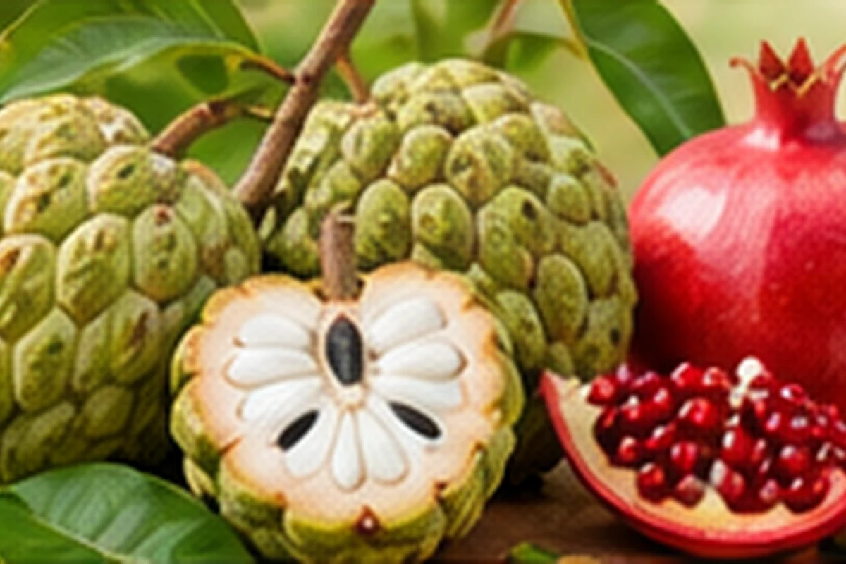 Jumbo sitaphal custard apples and fresh pomegranates